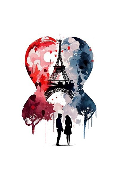 OEM Autocolant - Doi îndrăgostiți sub Turnul Eiffel (Paris), multicolor, bordură albă, vinil PVC, 23 cm