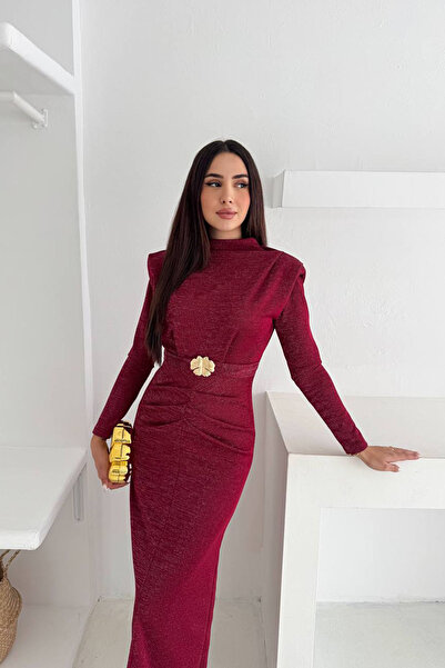 Neşeli Butik Women's Sleeve Shoulder Pad Piece Buckle Detailed Draped Maxi Dress Nbk4358