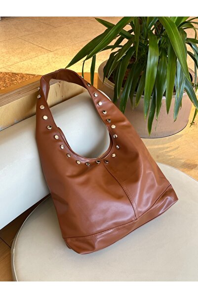 na nura collection Women's Tan Staple Detailed Hand and Shoulder Bag