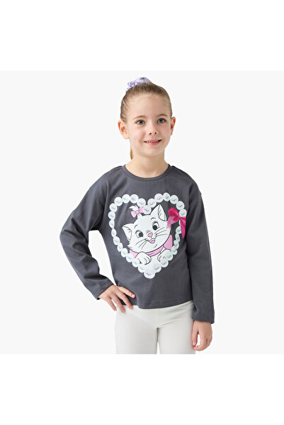 Disney Marie Print Crew Neck T-shirt with Long Sleeves
