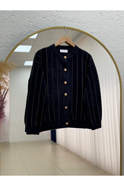 BENAHOLL Baylee Gold Buttoned Striped Bearded Short Cardigan-Kr5042 Black