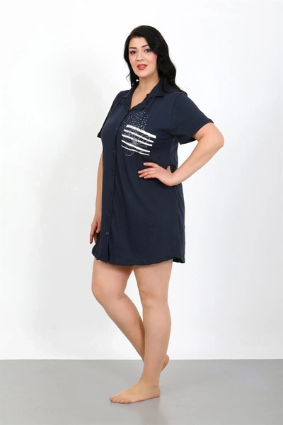alfa expres Clothing Plus Size Combed Cotton Buttoned Navy Blue Tunic Nightgown