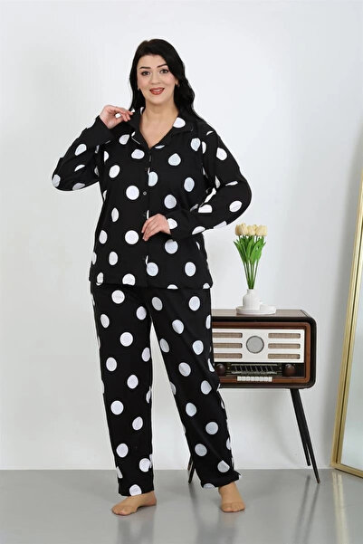 alfa expres Clothing Women's Plus Size Cotton Pocket Buttoned Black Pajama Set