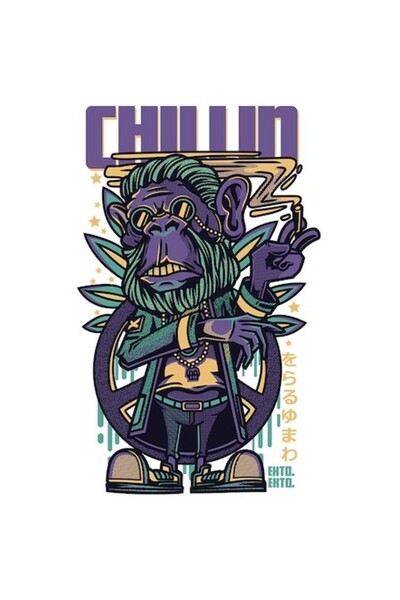 OEM Autocolant hippie maimuță mov cu țigară, „Chilling”, margini albe, vinil ...