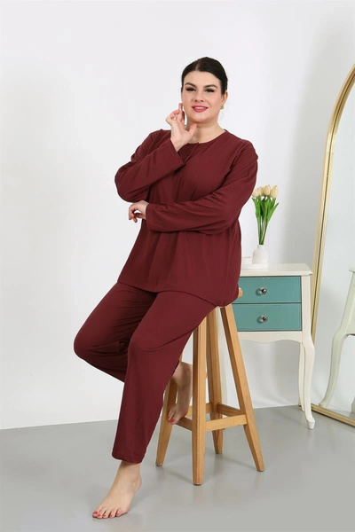 alfa expres Clothing Women's Plus Size Long Sleeve Combed Cotton Pajama Set Burgundy