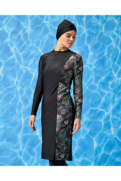 REDTAG Women Black Printed Long Length Burkini With Cap (3 Piece)