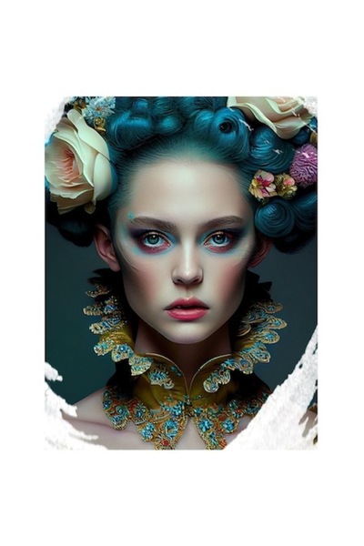 OEM Autocolant — Portret de fată cu fața palidă, păr mov, guler înalt, flori,...