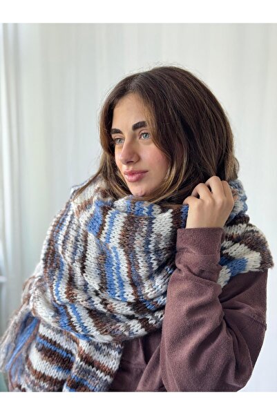 Retrobird Великий розмір м'який в'язаний шарф для жінок, синьо-коричневий