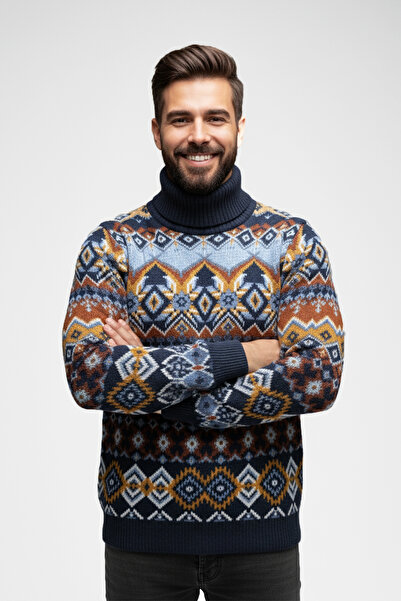 Pulltonic Erkek Balıkçı Yaka Etnik Desenli Kazak | %68 Kuzu Yünü