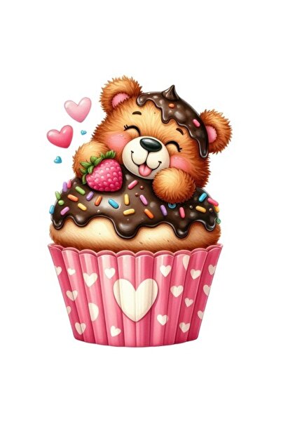 OEM Autocolant - Ursuleț stând într-o brioșă, ilustrație drăguță, inimioare, ...