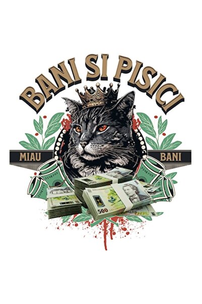 OEM Autocolant - Regina Pisicii cu teancuri de bancnote de 500 RON, text cu b...