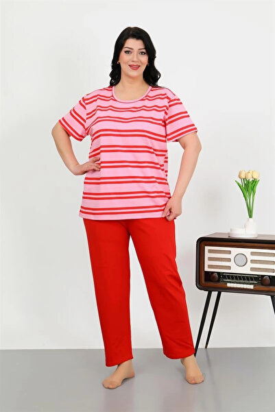 alfa expres Clothing Women's Plus Size Short Sleeve Combed Cotton Pajama Set Red