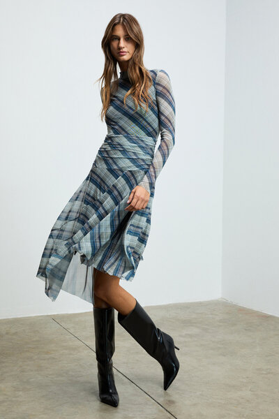 GRIMELANGE Terlus Women's Stretchy Fabric Waist Detailed High Neck Multi-Colored Dress