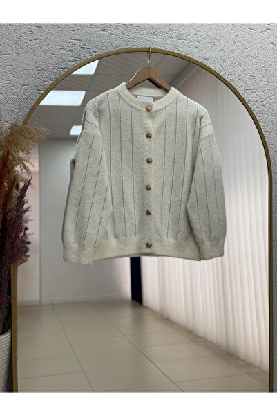 BENAHOLL Baylee Gold Buttoned Striped Bearded Short Cardigan-Kr5042 White