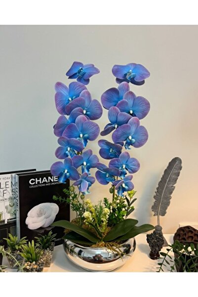 MY LOVE ÇİÇEKÇİLİK Metal Ufo Vase with Marbled Blue 2-Piece Wet Textured Artificial Orchid (Premium Quality)