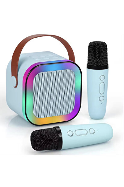 Krista Set karaoke cu difuzor și 2 microfoane wireless, cu bluetooth, baterie, albastru