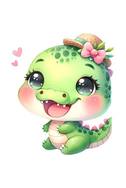 OEM Autocolant dinozaur femelă — ilustrație cu inimioare, verde, pălărie și f...