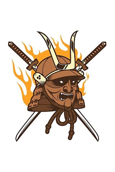 OEM Autocolant cu mască (Oni Samurai), flăcări, katana, bordură albă, vinil P...