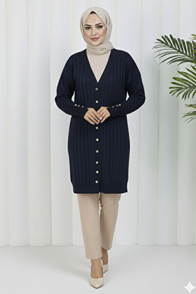 benguen Self-Stripe Long Mercerized Cardigan N3179 Navy Blue