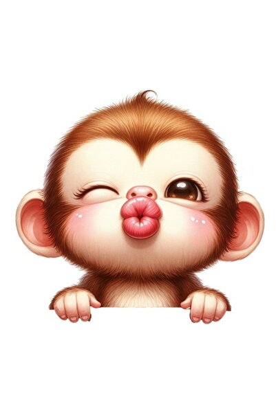 OEM Autocolant cu o maimuță roșie la față, sărut, clipind — bordură albă, vin...