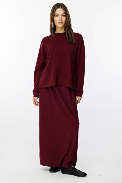 Hooopstore Elastic Waist Burgundy Plain Skirt