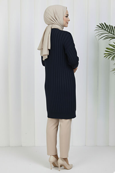 benguen Self-Stripe Long Mercerized Cardigan N3179 Navy Blue