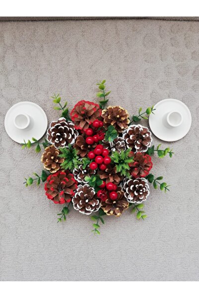 AŞIRCA Yılbaşı Masa Süsü Renkli Kozalak /2li şamdanlık set