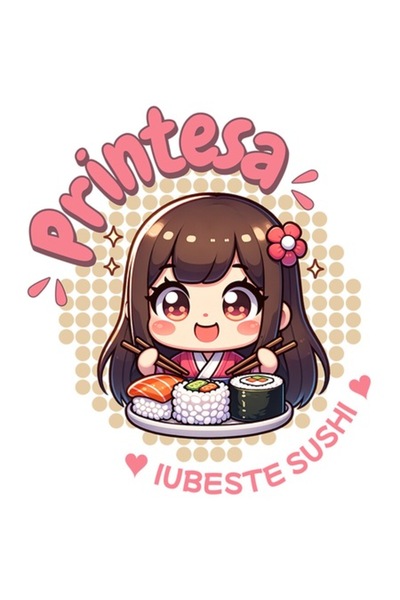 OEM Autocolant - Fată asiatică cu păr șaten și breton care mănâncă sushi („Pr...