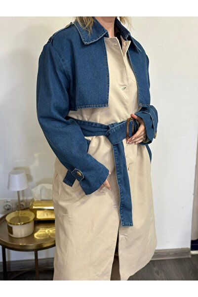 OEM Beige trench coat with denim inserts.