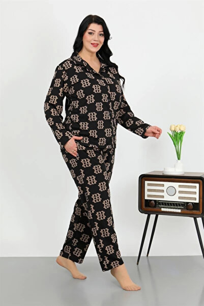 alfa expres Clothing Women's Plus Size Cotton Pocket Buttoned Black Pajama Set