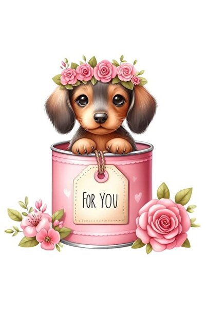 OEM Shy puppy sticker emerging from a can with flowers, 'For you', white border, PVC vinyl 23 cm
