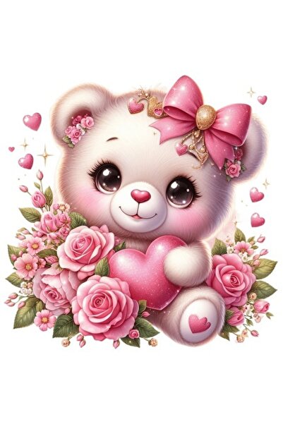 OEM Autocolant vesel cu ursuleț de pluș cu trandafiri, fundiță și inimioare —...