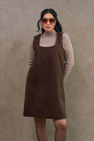 KÜÇÜĞÜM BUTİK Bitter Brown Color Square Neck Short Cashmere Dress