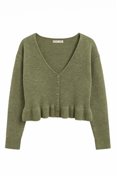 Mixray 6954 Women's Ruffle Detailed V-Neck Knitwear Sweater Khaki