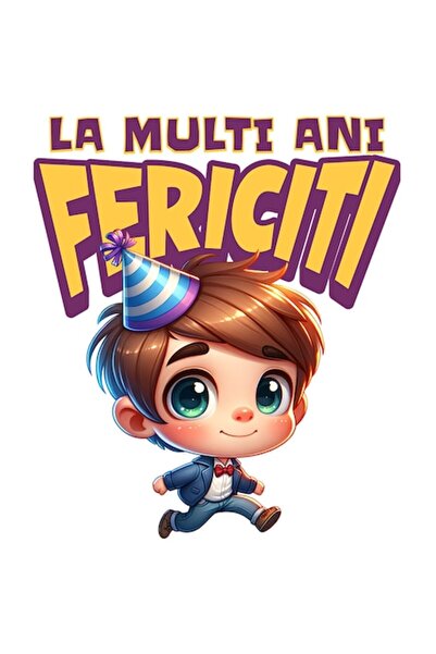 OEM Autocolant - Băiat brunet animat cu cască, text „La mulți ani”, margini a...