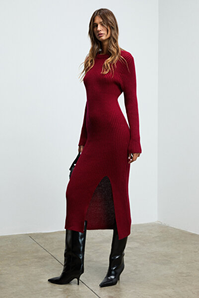 GRIMELANGE Soreya Women's Round Neck Stripe Patterned Slit Slim Fit Knitwear Burgundy Dress