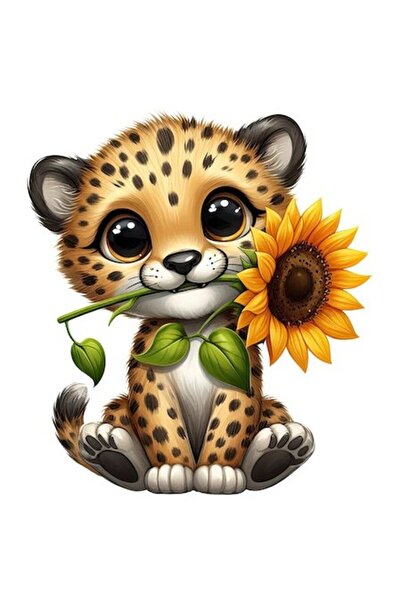 OEM Autocolant pui de ghepard care ține o floare, bordură albă, vinil PVC 23 cm