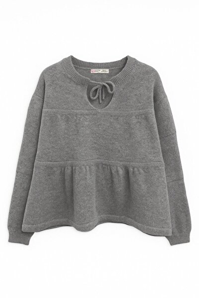 Mixray 6950 Women's Collar Lace-Up Pleated Knit Sweater Anthracite