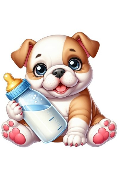 OEM Autocolant cu un cățeluș fericit care ține o sticlă de lapte, bordură alb...