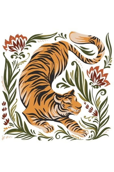 OEM Autocolant - Tigru printre flori, junglă/animal sălbatic, margini albe, v...