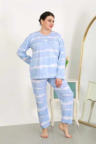 alfa expres Clothing Women's Plus Size Long Sleeve Combed Cotton Pajama Set Blue