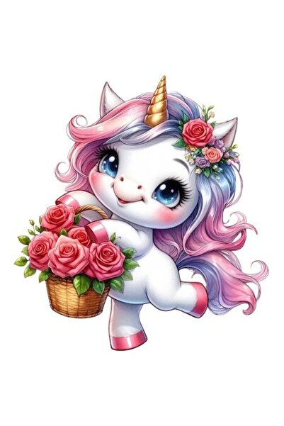 OEM Autocolant unicorn, ilustrație veselă, coș cu trandafiri și flori, bordur...