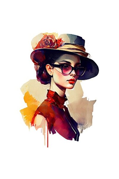 OEM Autocolant - Pictură portret: Fată brunetă cu ochelari de soare, pălărie ...