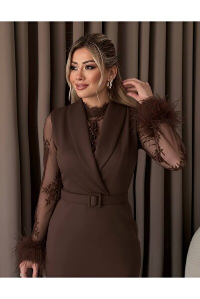 Siseniorita Women's Elegant Midi Dress, With Sheer Lace Sleeves and Feather Cuffs, Notch Lapel