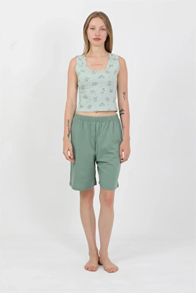 alfa expres Clothing Women's Thick Strap Cotton Combed Crop Set with Shorts Water Green