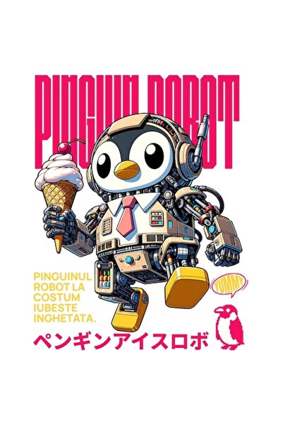 OEM Autocolant „Pinguinul robot iubește înghețata” cu margini albe, vinil PVC...