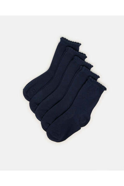 REDTAG Girls Navy Crew Ankle Socks With Scallop Edge Welt (5 Pairs)