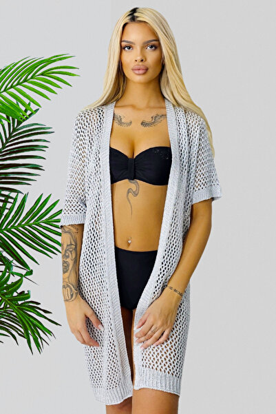 FashionForYou Classic Crochet Cardigan, with brooch accessory and short sleeves, Grey, S/M/L