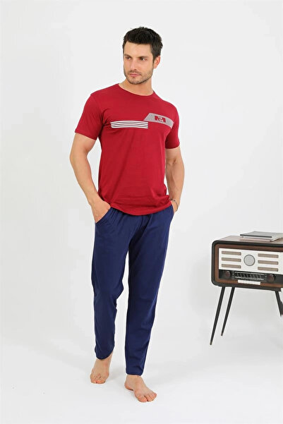 alfa expres Ανδρικά ρούχα Βαμβακερή κοντομάνικη φόρμα πιτζάμα Βουργουνδίας