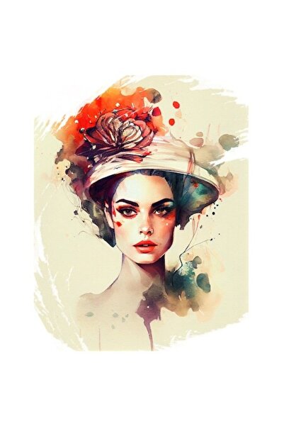 OEM Autocolant cu portret de fată cu pălărie și floare roz, machiaj roșu, bor...